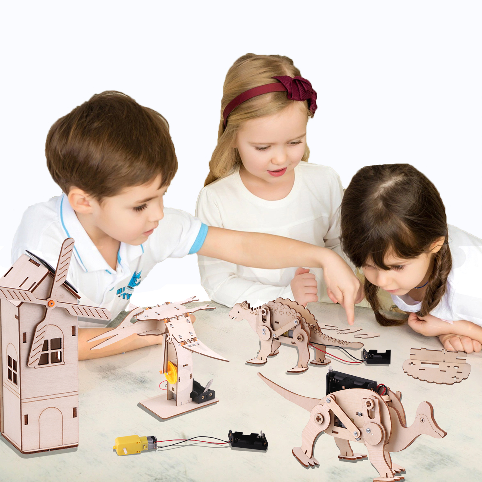 BY086 STEM Wooden DIY Creative Science Engineering 4-Piece Set Crawling Robot and Catapult Model Kit for Playing