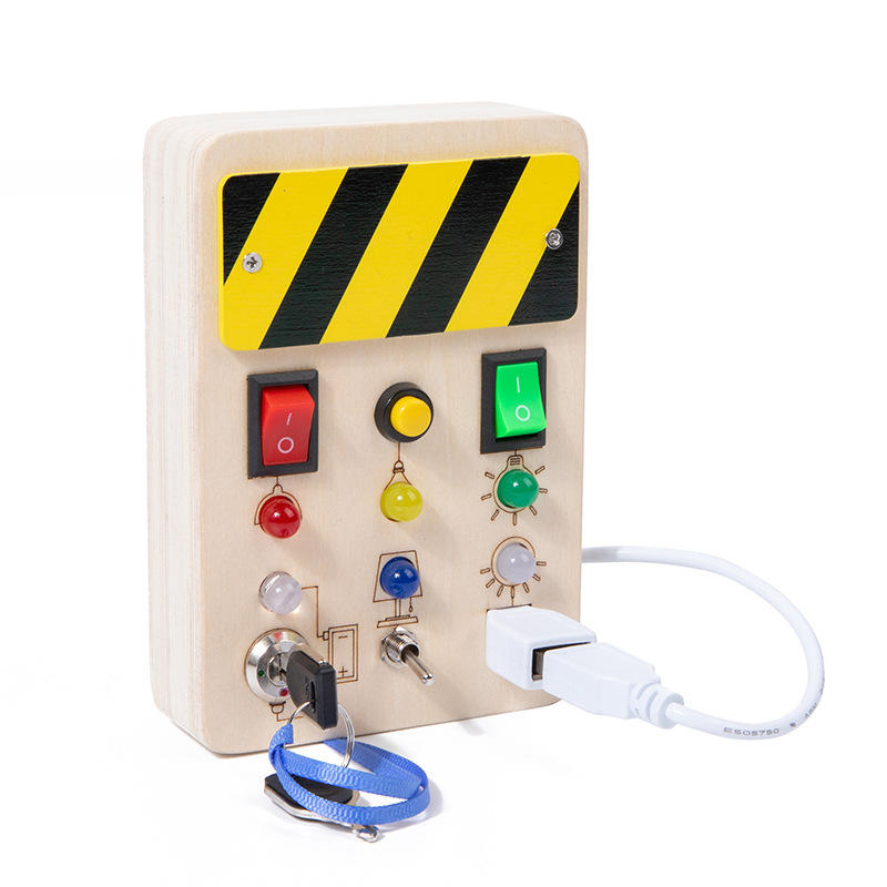 Educational Learning Activity Science Toy Kids Eco-friendly Wooden Portable Travel Led Light Switch Fidget Busy Board