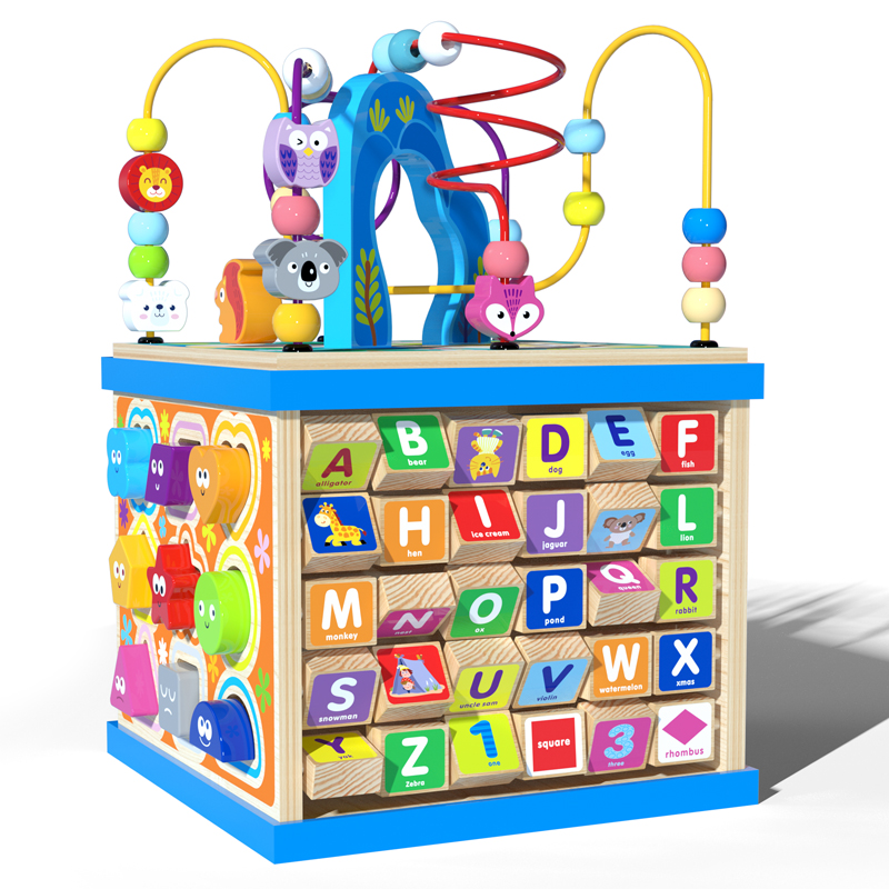 Multifunction Wooden Animal Activity Cube Beaded Maze Gear Shape Matching Letter Recognition Game