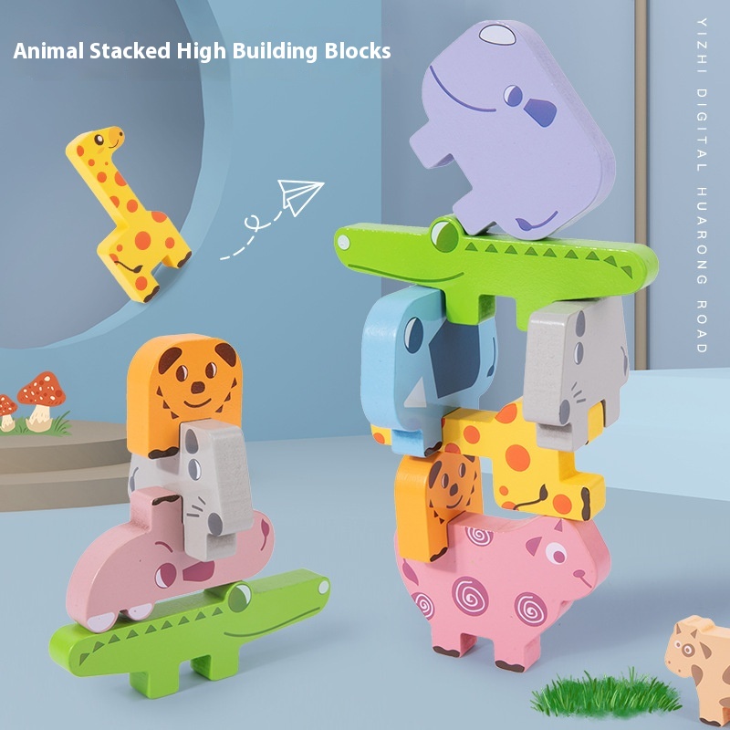 Cross-Border CPC Animal Stacking Wooden High Building Blocks Early Educational Toys for Children Balance Stacking Board Game