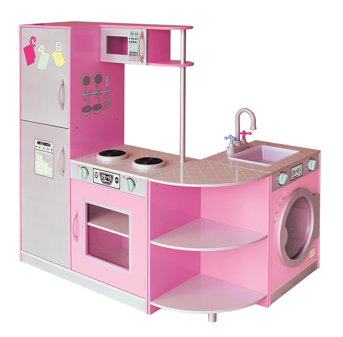 Modular Portable Wooden Play Kitchen for Kids, Pink Pretend Furniture Set with Multiple Appliances Storage Role Play Toy
