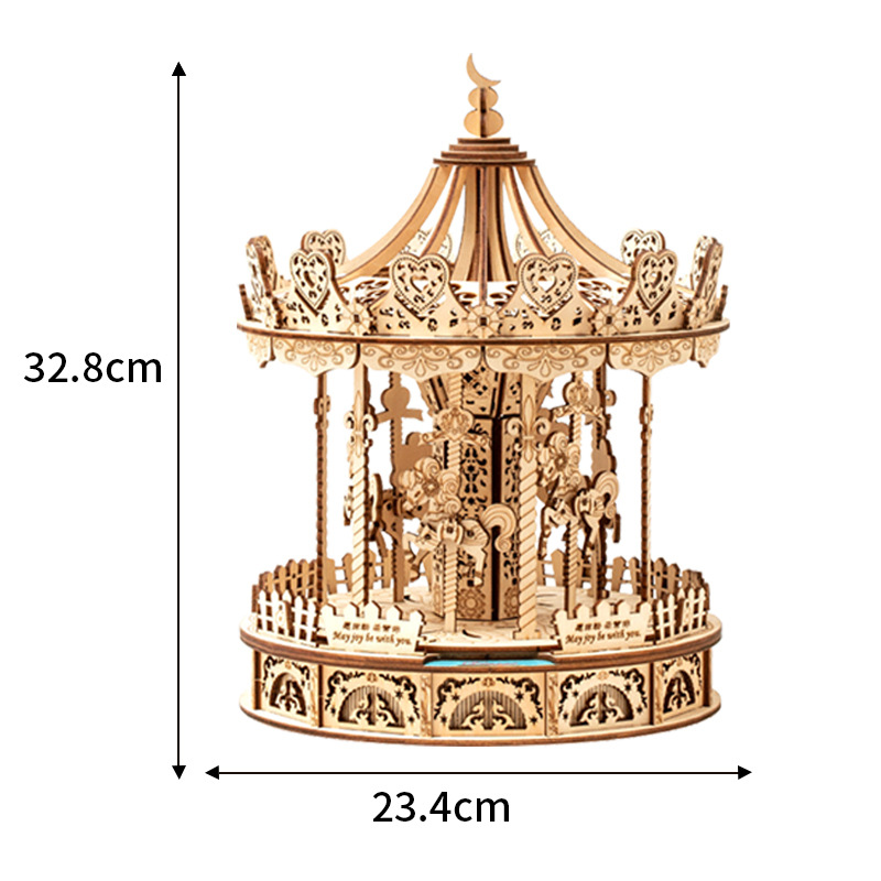Cross-border Hot Selling 3D Three-Dimensional Wooden Merry-Go-Round Jigsaw Puzzle with Flash Music 50 Pieces Custom DIY Toy Gift