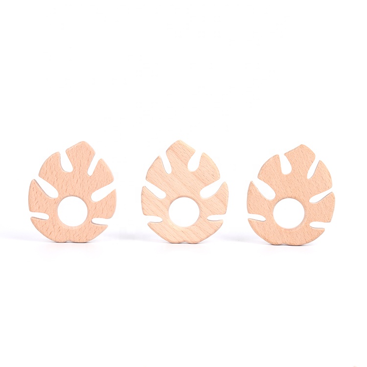 Wholesale Custom Natural Beech Wood Leaf Shape Baby Teethers Sensory Baby Toys Wooden Teether