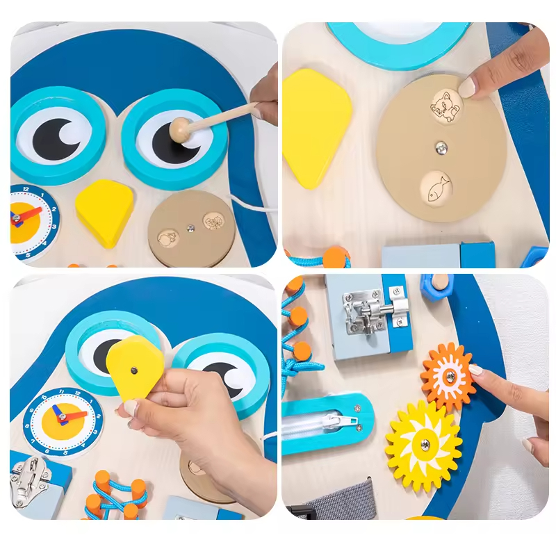 EDULAND Customized OEM/ODM Wooden Hobbies Activity Penguin Busy Board Colorful Sensory Montessori Learning Toys for Kids