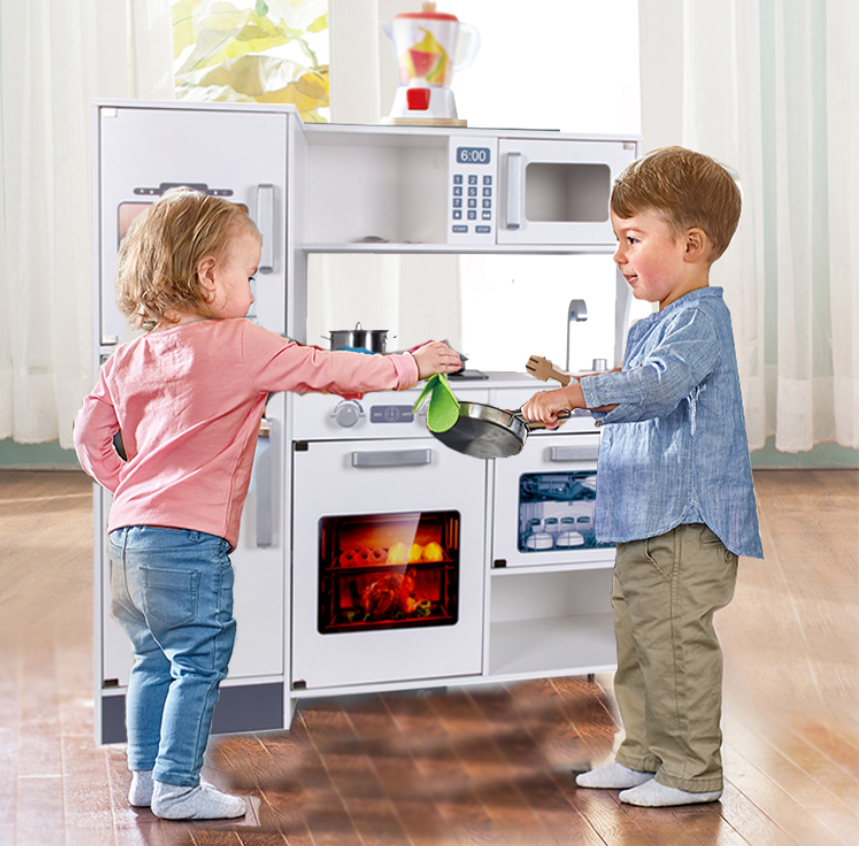 2025 New Style Large Wooden Kitchen Play Set with Light Sound White Refrigerator Modern Luxury Design Unisex for Kids Ages 5-13