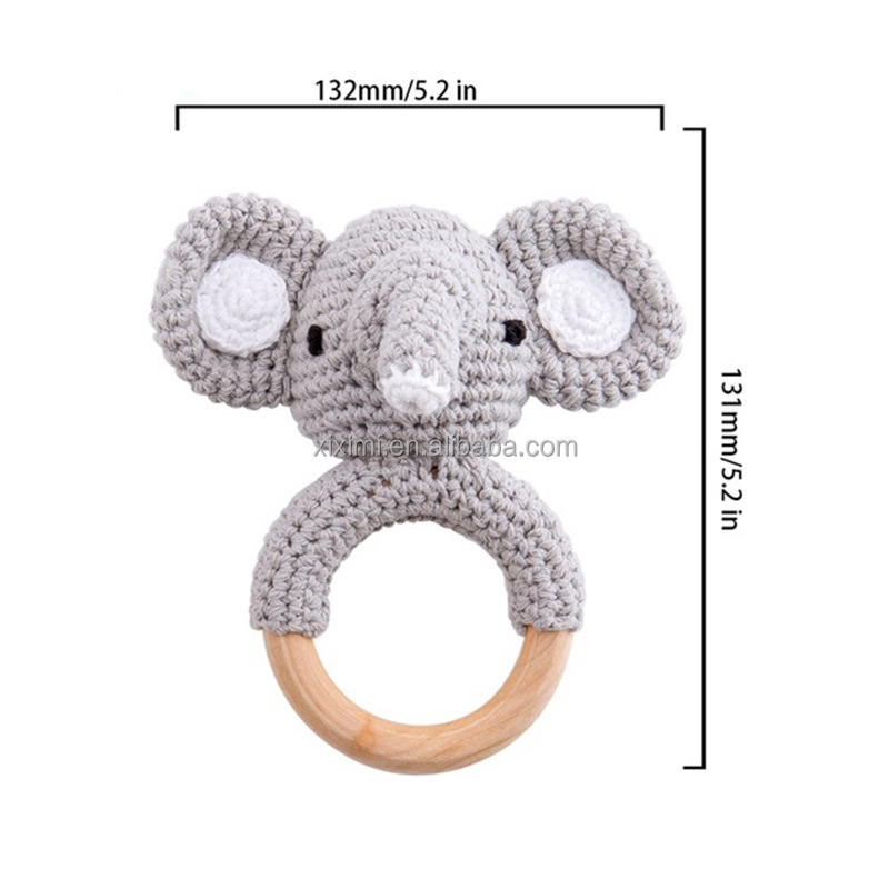 Custom 100% Handmade Beech Wood Baby Crochet Rattle Wooden Teething Toy Animal Wood Ring Crochet Teether Baby Sensory Toy