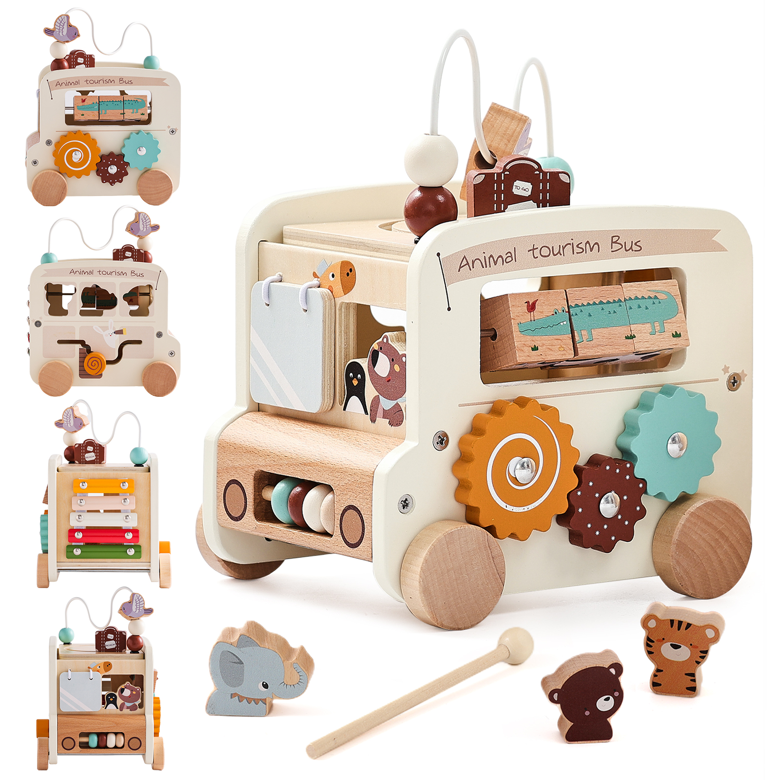 Eco-friendly Wooden Montessori Wooden Educational Toys for Kids Multi Functional Baby Intelligence Developing Bus Toys 0-6 Years