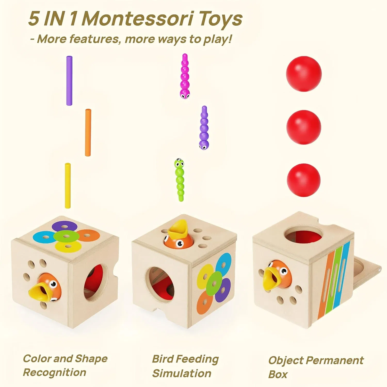 5 in 1 Montessori Activity Toys for Kids Wooden Learning Toys with Object Permanence Bird Feeding Game Fine Motor Skills Problem