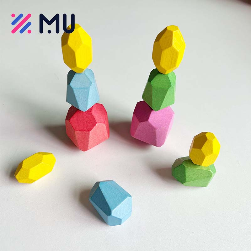 Customized Rainbow Sorting Building Blocks Kids Stacking Rocks Balancing Wooden Stone Toys