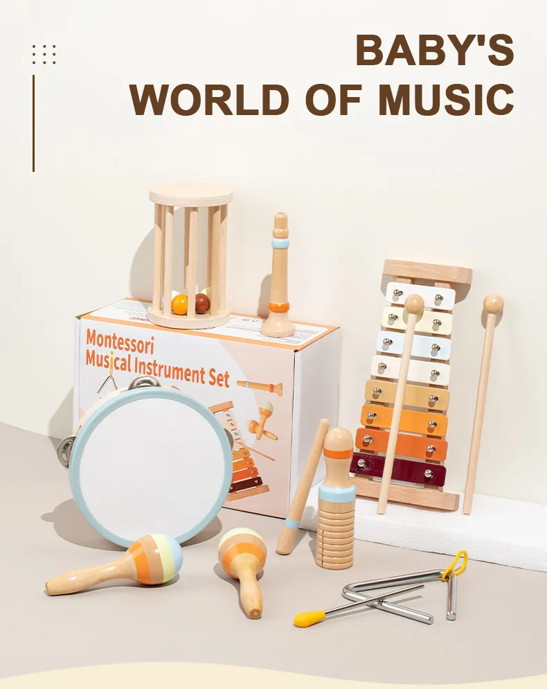 Baby Wooden Music Toy with 11-Piece Drum and Bell Educational Musical Instruments