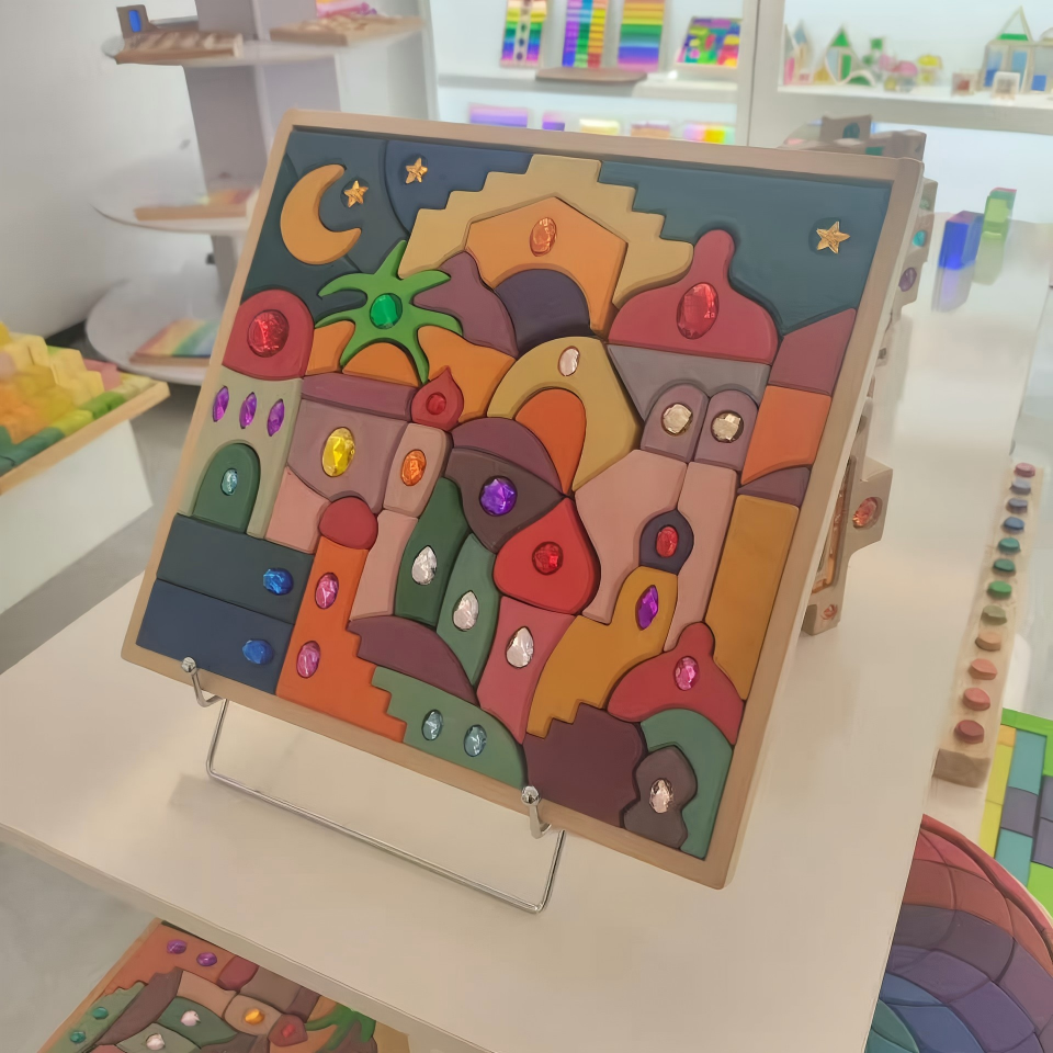 Grapat Waldorf Inspired Wooden Toys Grimms Hand Painted Rainbow Puzzle Building Block Set Montessori Educational Toys for Kids