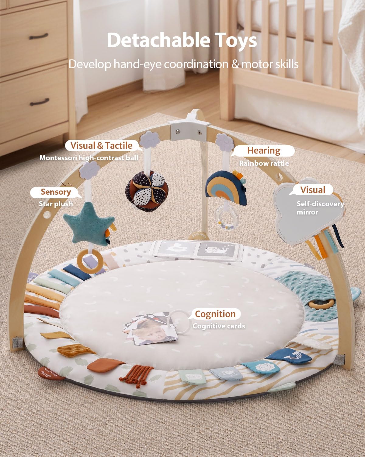 Crystal Montessori Educational Sensory Hanging Toys Wooden Activity Gym for Newborns