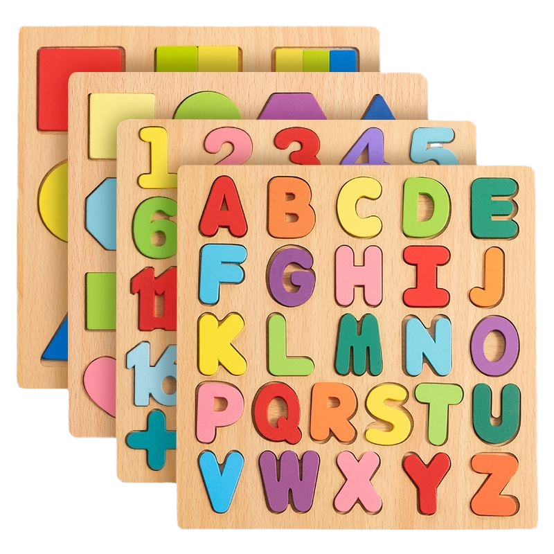 Wooden Macaron Puzzle Board Educational Toy for Toddlers' Alphabet &amp; Number Shape Learning Hand Grip Made Natural Wood