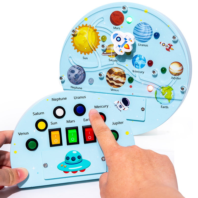 Solar System Busy Board for Toddler, Montessori Wooden Sensory Toys with LED Light, Kids Best Gift for Christmas &amp; Birthday