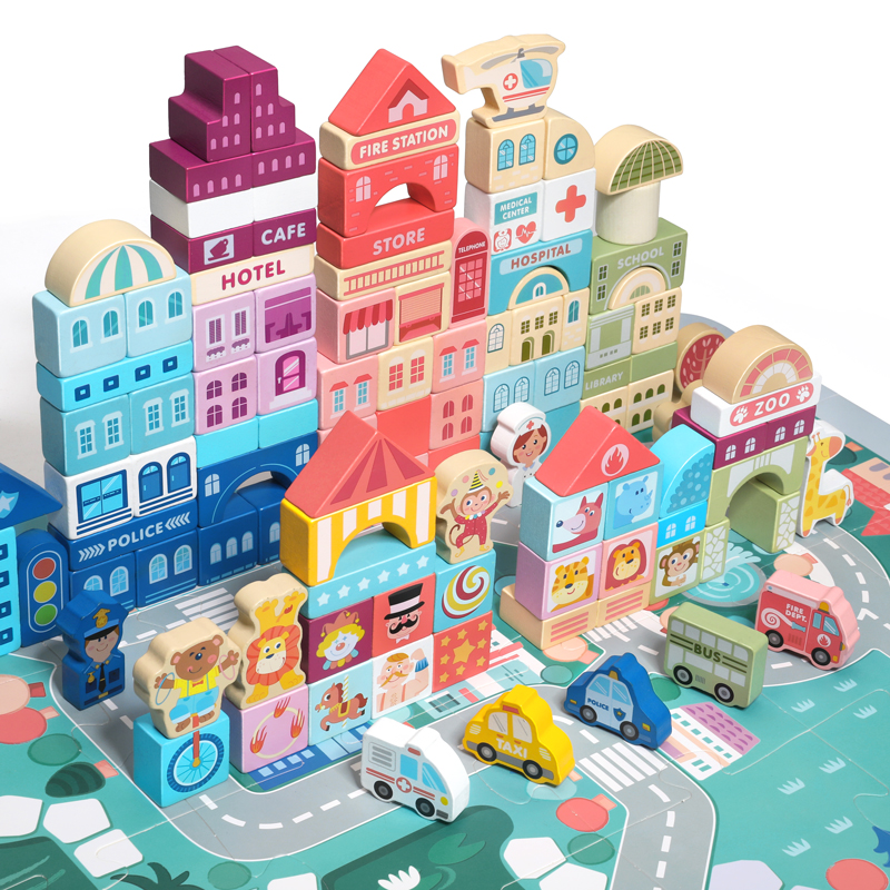 Colorful Wooden 120-Piece 1:32 Scale Construction Toy Building Blocks Set for Kids 5-7 Years Educational Model Modern Buildings