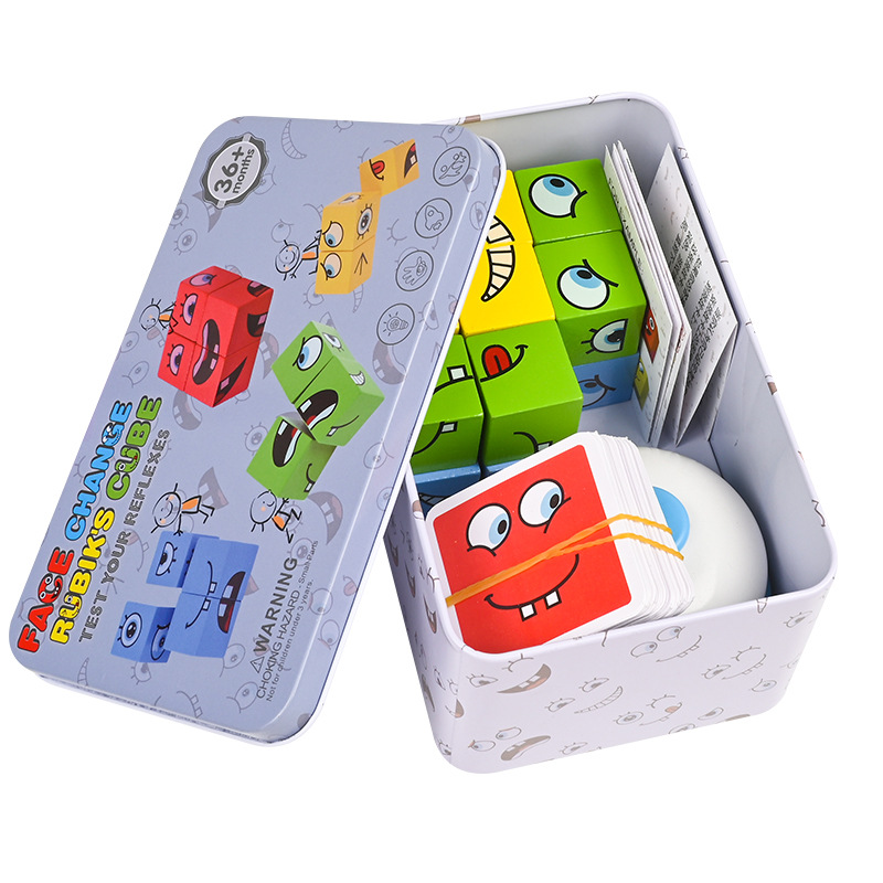HURREE Large Eco-friendly Wooden Box Face-Changing Feature Preschool Kids' Educational Board Game Toy Cube Building Blocks