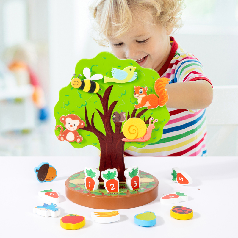 Montessori Early Education 3D Wooden Toys Creative Animal Fruit Felt Sticker Tree Toy Toddlers 7-12 Months Fine Motor Skill
