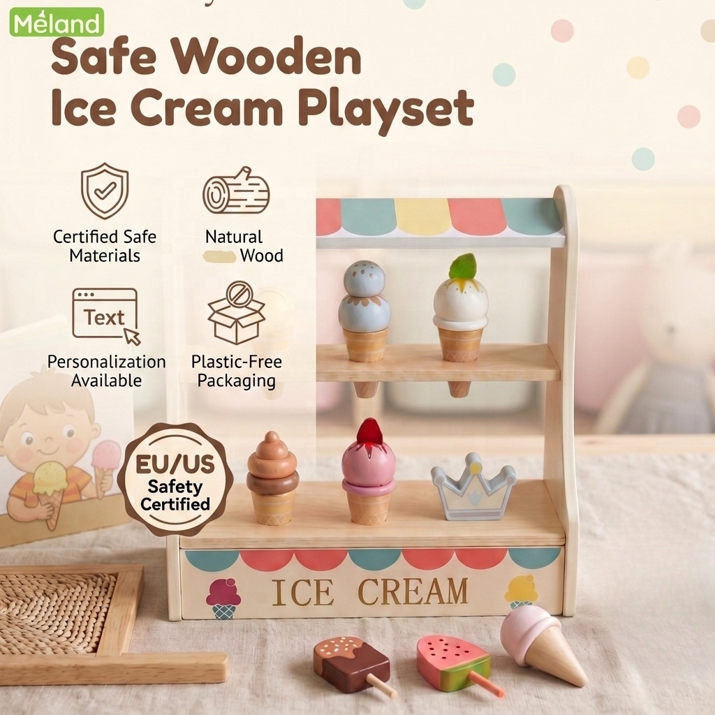 Wooden Ice Cream Shop Set Educational Role Play Pretend Play Toy Custom Logo for Kids