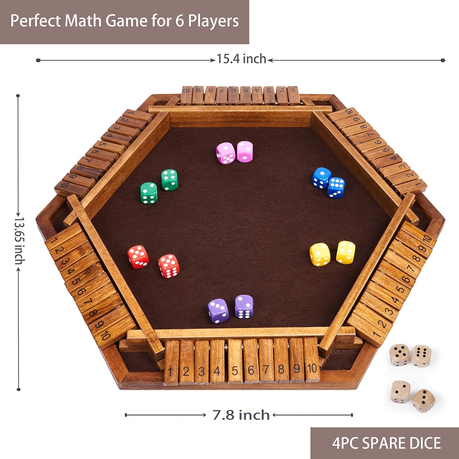 Wooden Shut the Box Dice Game Educational Toy 15x13 Inches for 1-6 Players 10 Number Math Game with 16 Dice for Kids &amp; Adults
