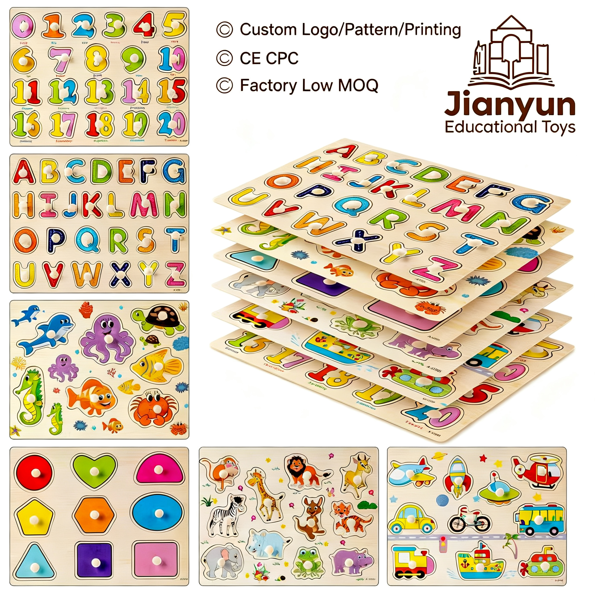 75 Design Custom Alphabet Number Animal Learning Jigsaw Wooden Peg Puzzle Board Montessori Educational Toys for Toddlers Kids