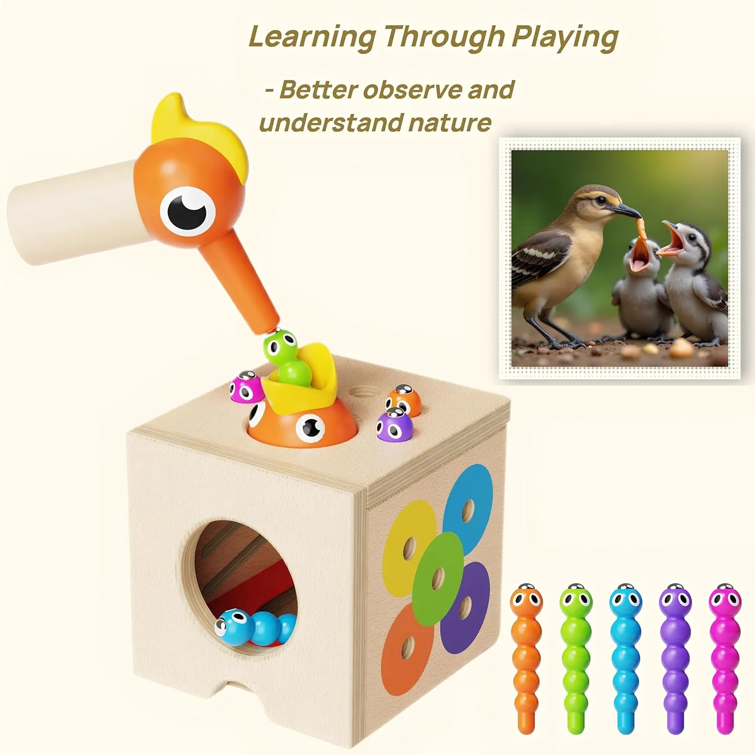 5 in 1 Montessori Activity Toys for Kids Wooden Learning Toys with Object Permanence Bird Feeding Game Fine Motor Skills Problem