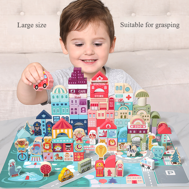 Colorful Wooden 120-Piece 1:32 Scale Construction Toy Building Blocks Set for Kids 5-7 Years Educational Model Modern Buildings