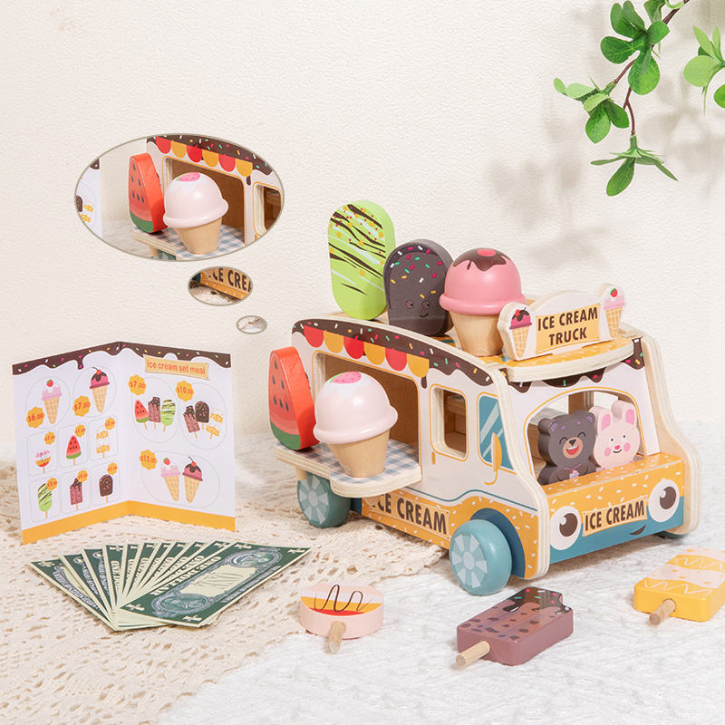 Kids Wooden Simulation Ice Cream Shop Pretend Play Accessories Set Early Learning Educational Role Play Toy for Boys Girls