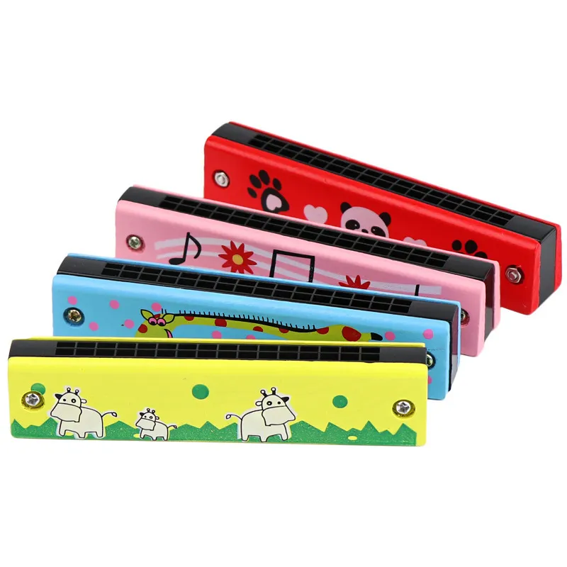 Wholesale Wood Harmonica Kid Wooden Painted Harmonica Wooden Musical Instrument Toys Cartoon Harmonica