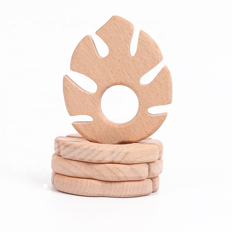 Wholesale Custom Natural Beech Wood Leaf Shape Baby Teethers Sensory Baby Toys Wooden Teether