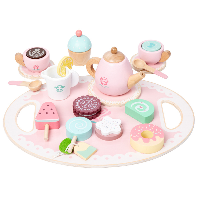 Children's Wooden Afternoon Tea Set for 3-7 Year Olds Role Playing Cake &amp; Dessert Making Toy