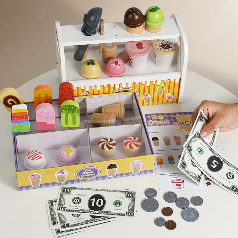Montessori Wooden Ice Cream Shop Pretend Play Set Dessert Stand with Cones Cash Coins Educational Toy for Boys Girls