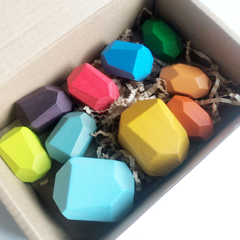 Customized Rainbow Sorting Building Blocks Kids Stacking Rocks Balancing Wooden Stone Toys