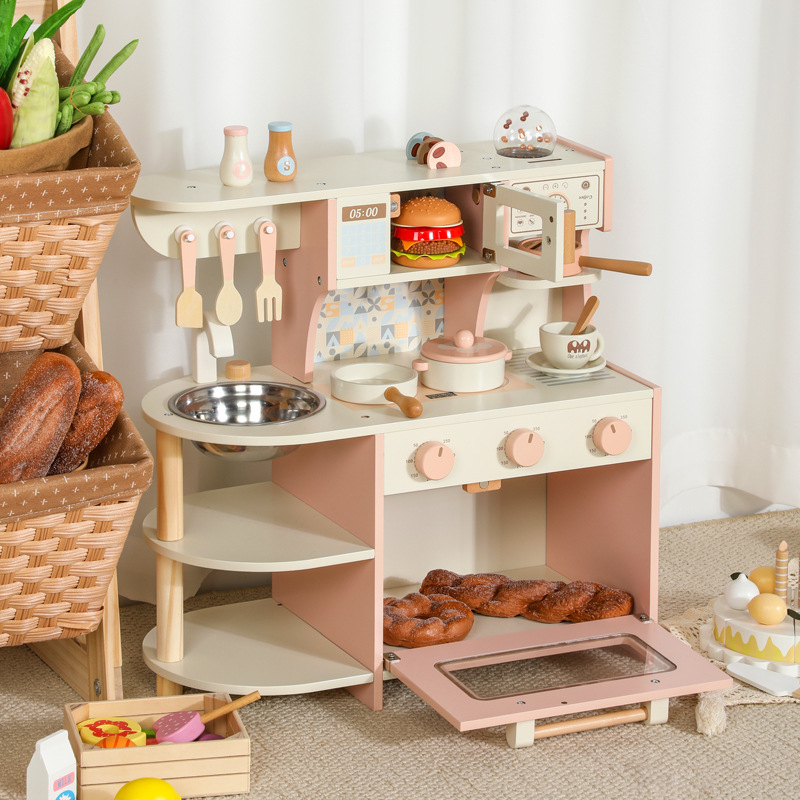 Toddler Simulation Wooden Stove Coffee Maker Toy Set, Early Role Play Educational Kitchen Game for Preschool Girls