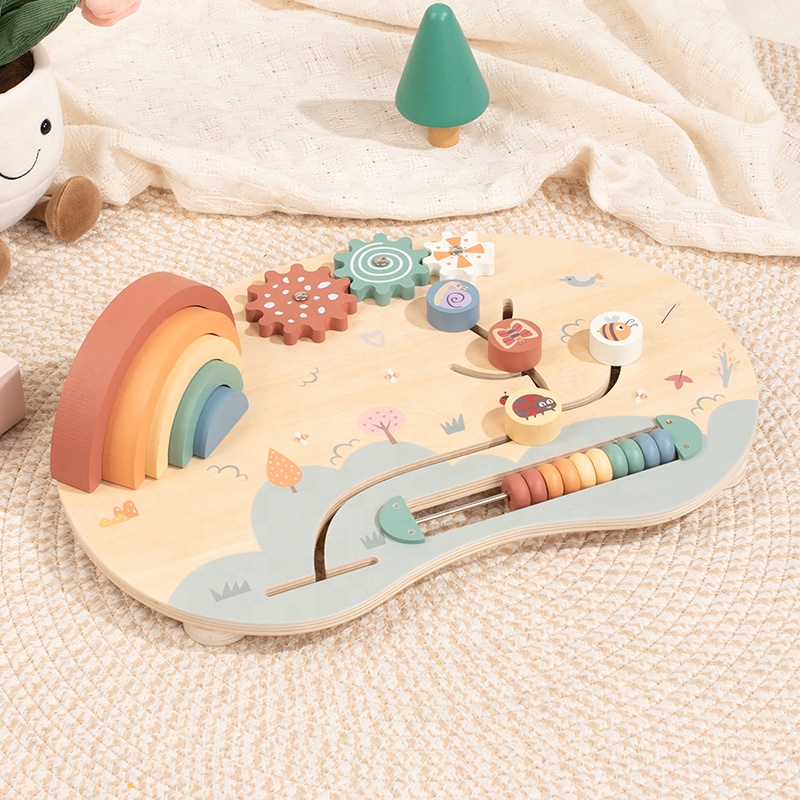 Wooden Activity Board with Rainbow Stacker, Gears, and Abacus for Toddlers, Montessori Educational Sensory Busy Board for Kids