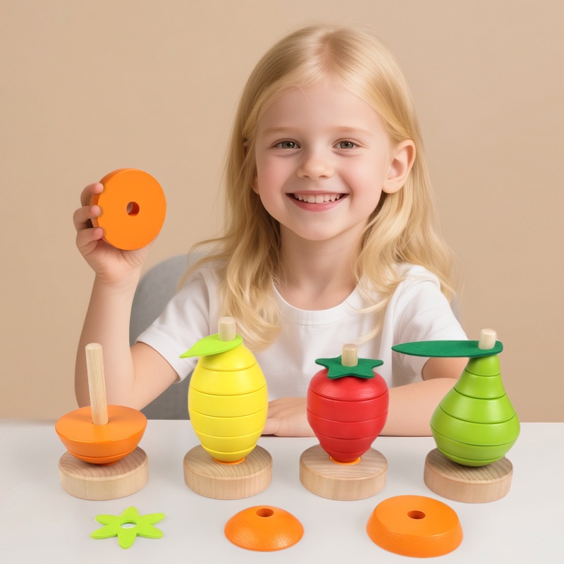Montessori Early Education Wooden Fruit Stacking Toy Simulation Shape Toddlers Babies Cognitive Fun Educational Set Boxed