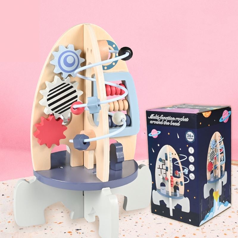 Stem Developmental Birthday Gifts Baby Space Model Toy Rocket Bead Maze Wooden Toys Activity Cube