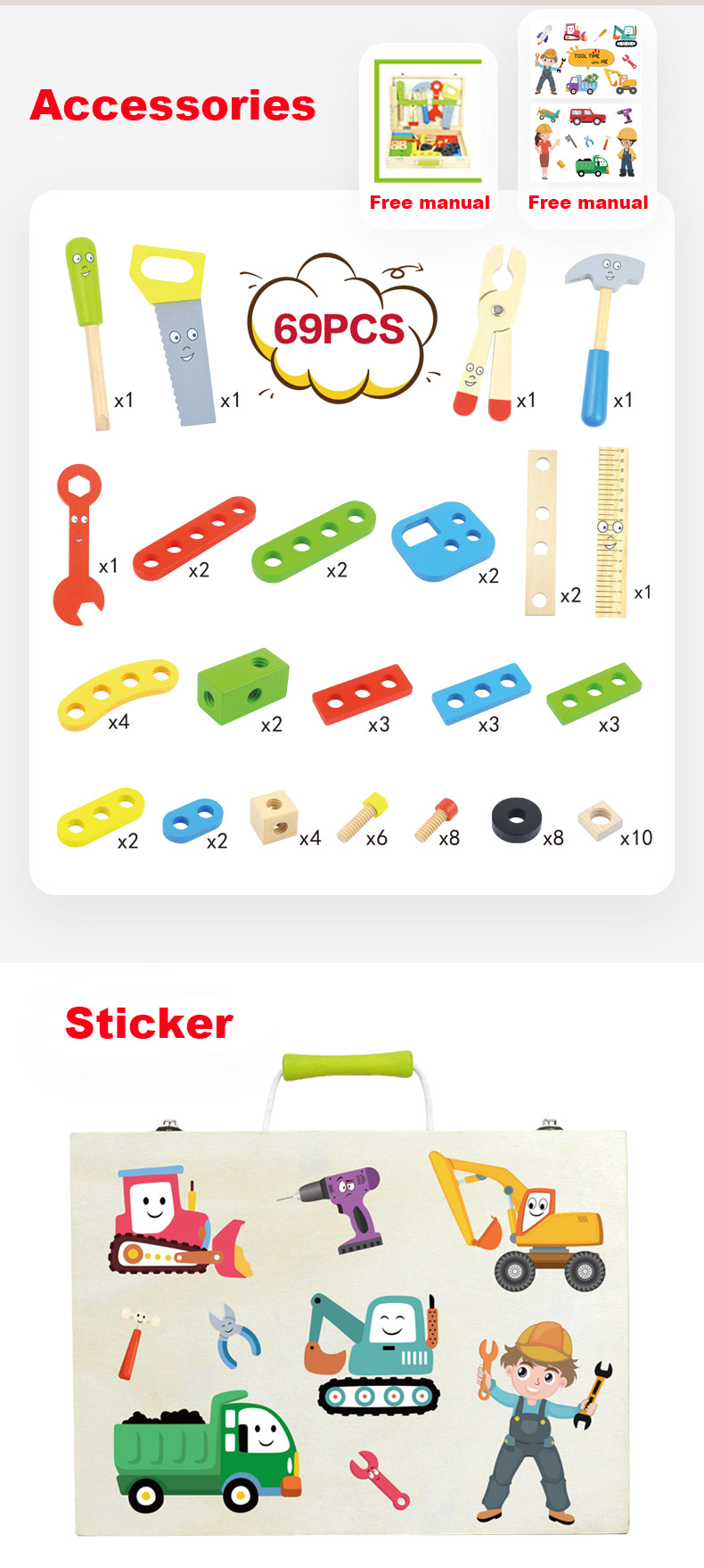 69pcs Wooden Toddler Tool Set detail 2