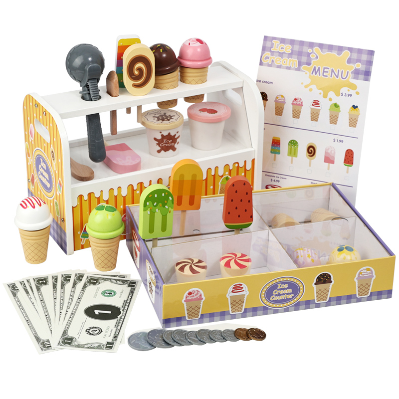Montessori Wooden Ice Cream Shop Pretend Play Set Dessert Stand with Cones Cash Coins Educational Toy for Boys Girls