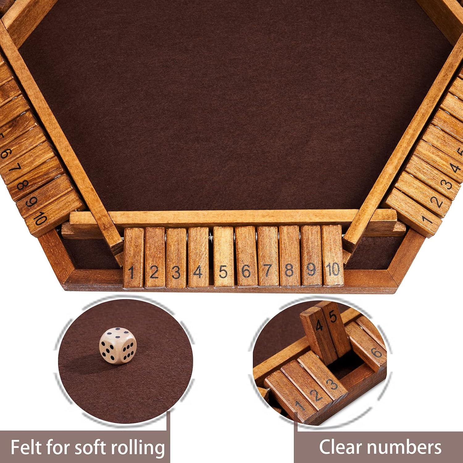 Wooden Shut the Box Dice Game Educational Toy 15x13 Inches for 1-6 Players 10 Number Math Game with 16 Dice for Kids &amp; Adults