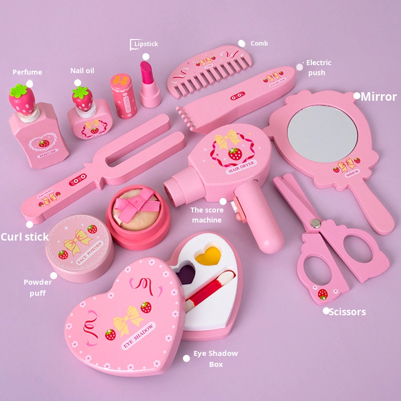 Custom Wooden Simulation Dressing Table Pretend Play Toys Kids Role Play Fun Dressing Table Toy Set with Jewelry Box