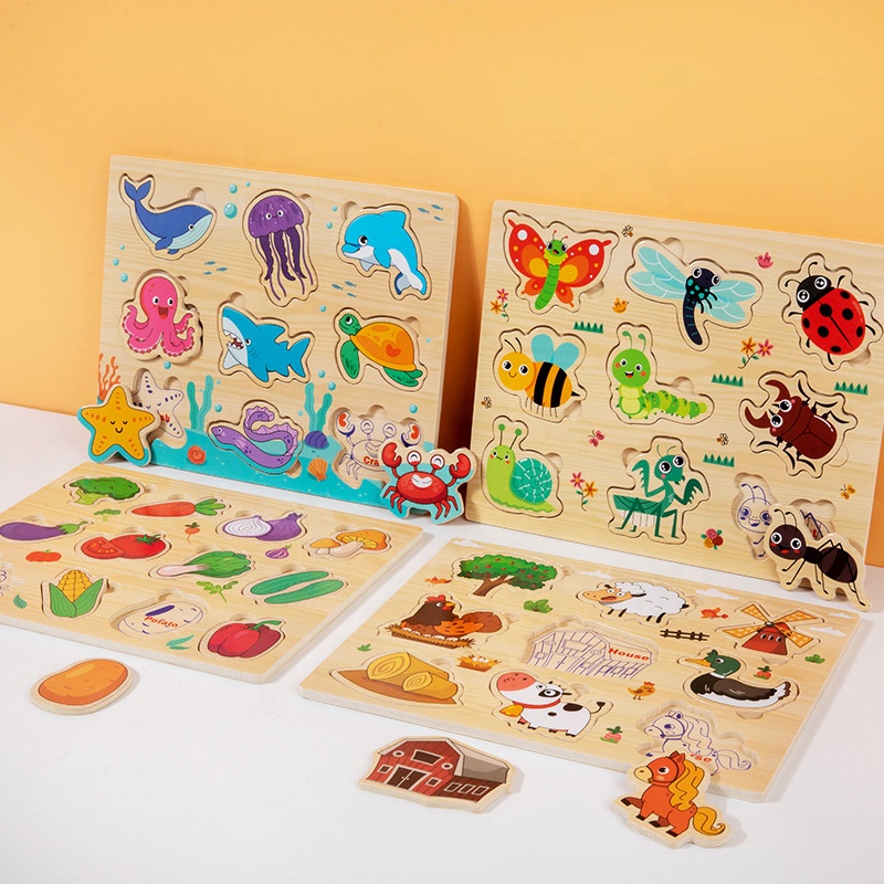 Wooden Puzzle Toy Animal Fruit Shape Jigsaw Kids Montessori Toy Early Learning Educational Cognitive Matching Board for Toddlers