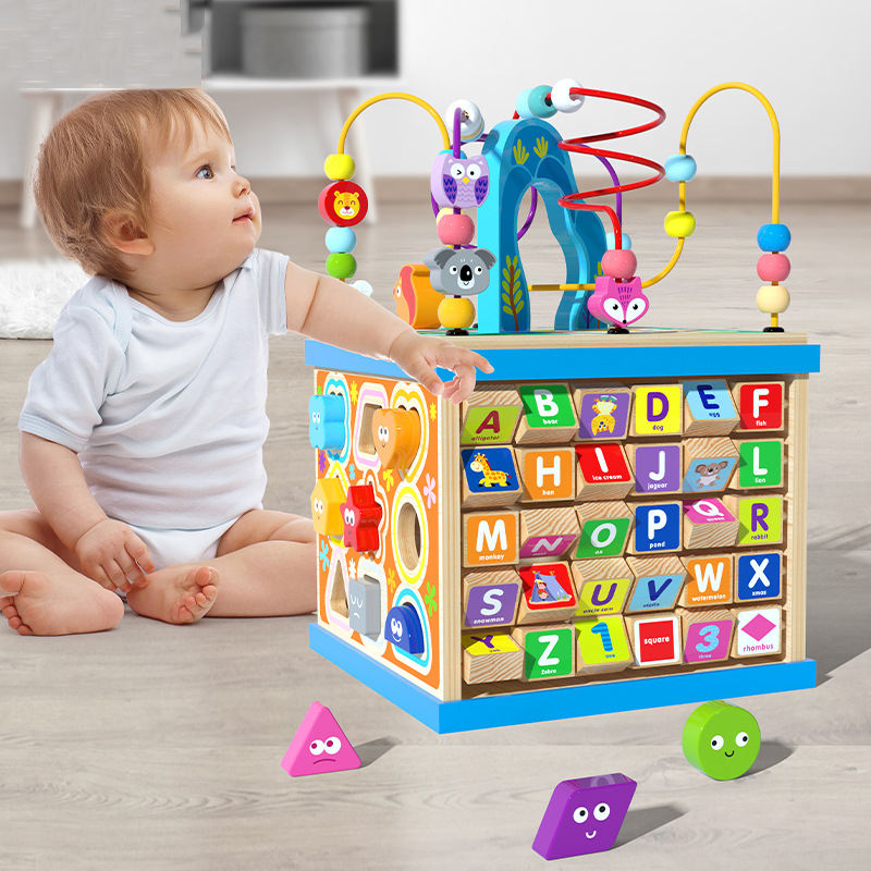 Multifunction Wooden Animal Activity Cube Beaded Maze Gear Shape Matching Letter Recognition Game