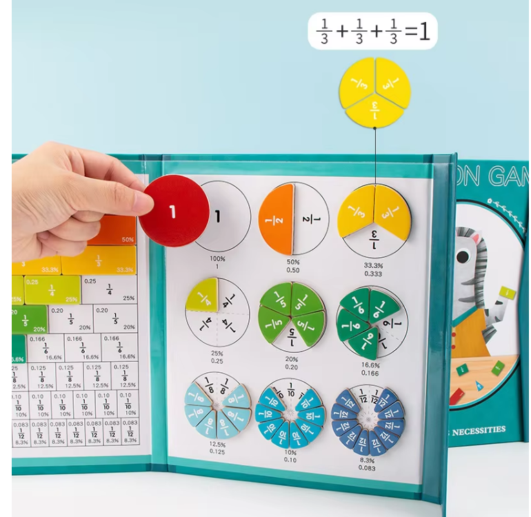 Wooden Fraction Puzzle Magnetic Book Kids Math Learning Toys
