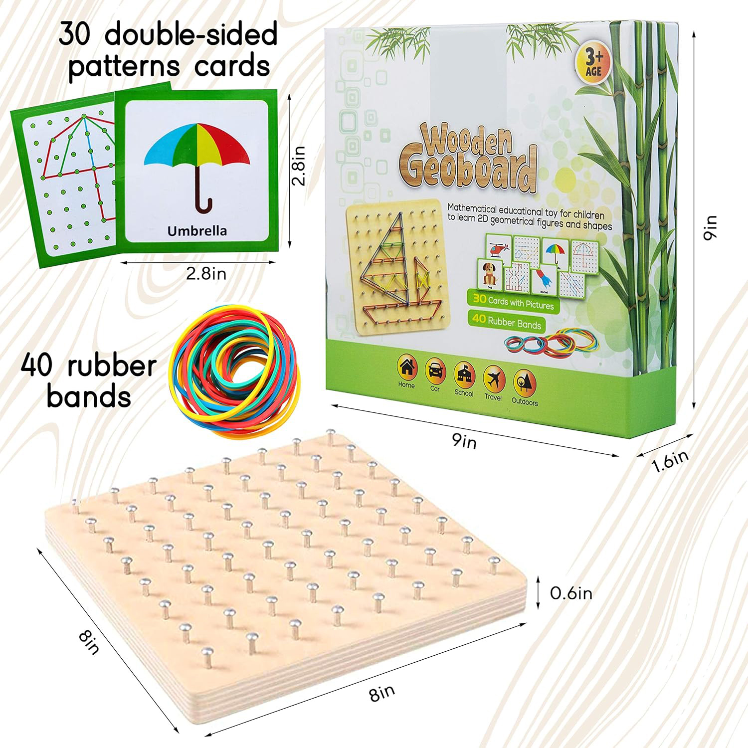 Wooden Geoboard Montessori Toy for 3-5 Year Old Kids Toddlers Educational STEM Brain Teaser 30 Pattern Cards 40 Rubber Bands
