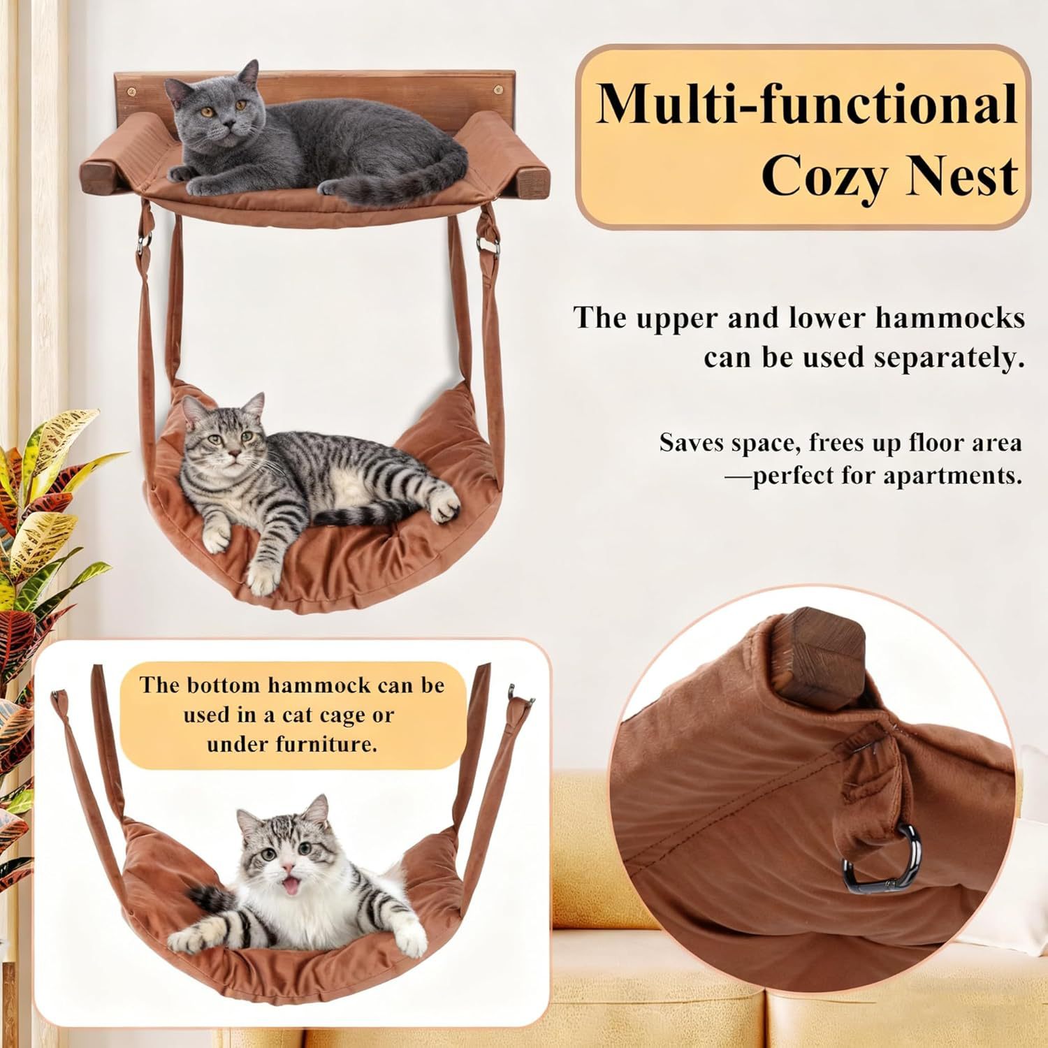 Wooden Wall-Mounted Cat Climbing Rack With Hammock Toy Ladder &amp; Nest-Breathable &amp; Waterproof Design