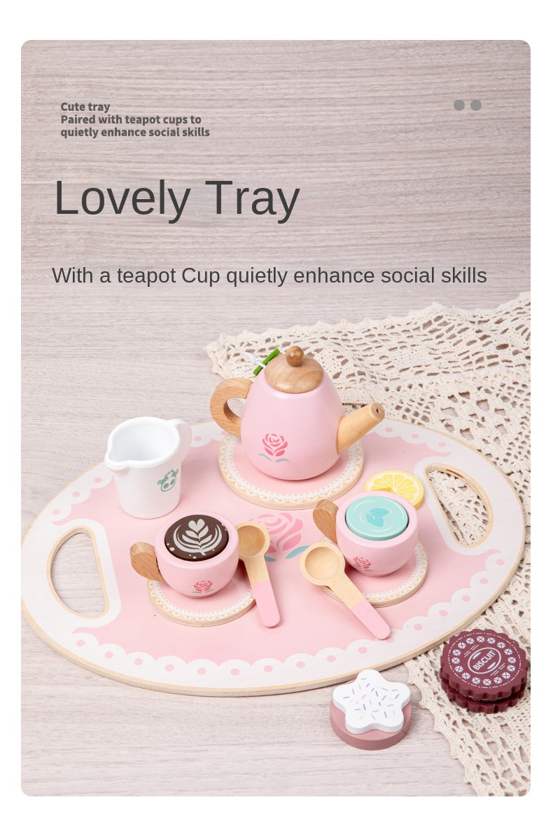 Children's Wooden Afternoon Tea Set for 3-7 Year Olds Role Playing Cake &amp; Dessert Making Toy