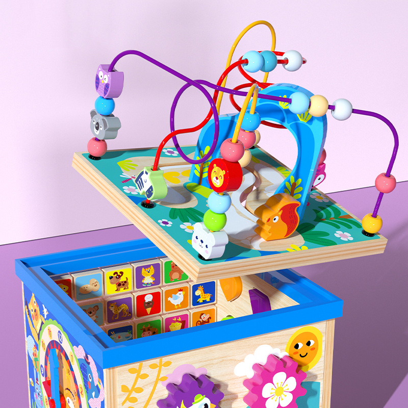 Large Multi-Functional Montessori Wooden Bead Maze Treasure Box Baby Early Learning Intelligence Activity Cube Educational Toys