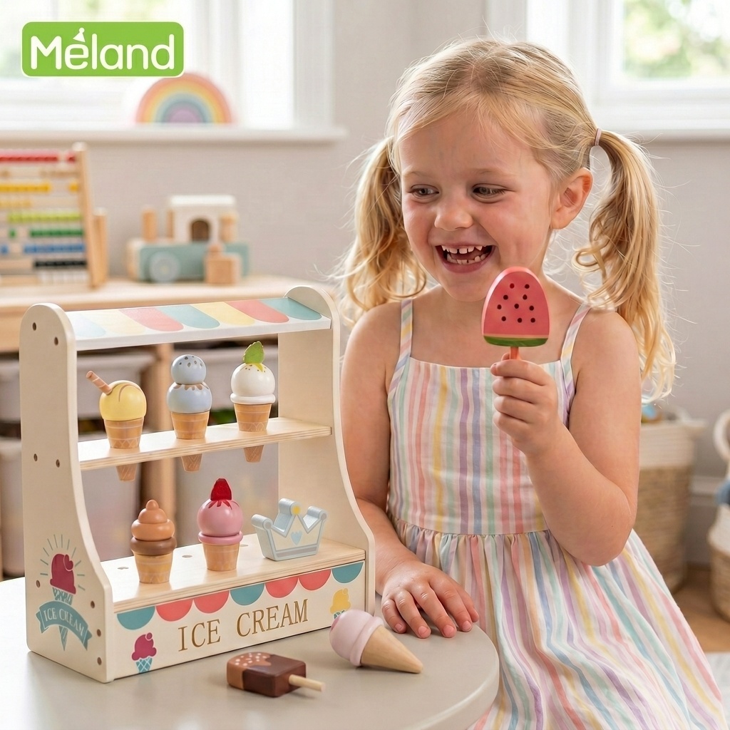 Wooden Ice Cream Shop Set Educational Role Play Pretend Play Toy Custom Logo for Kids