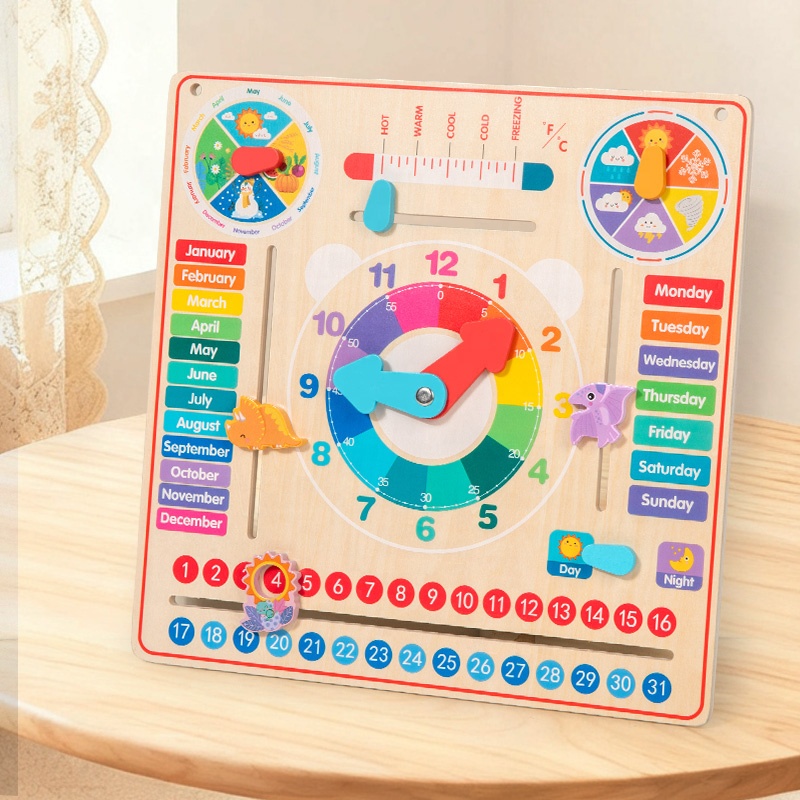 StarQmi Montessori 7-in-1 Eco-friendly Wooden Daily Calendar Clock Toy Preschool Learning Board Weather Season&amp;Time Educational