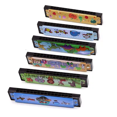 Wholesale Wood Harmonica Kid Wooden Painted Harmonica Wooden Musical Instrument Toys Cartoon Harmonica